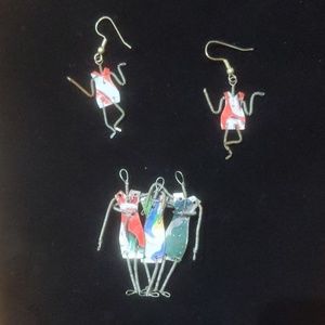 Folk Art Handmade Earrings and Brooch Set